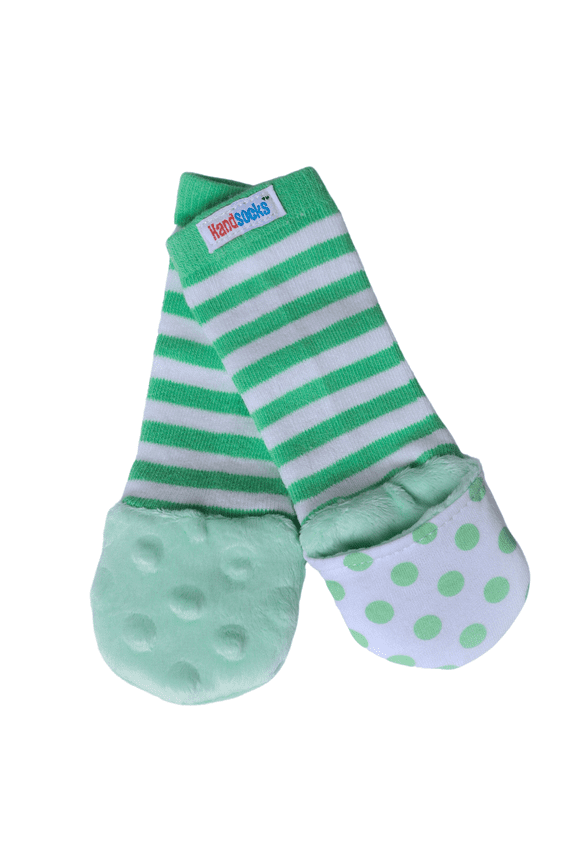 Plushy Stay On Strap-Free No-Scratch & Warmth Mittens (XS 0-3 Months), Finn (Green/Dot), One Pair