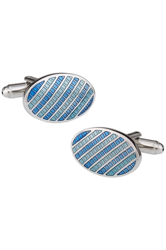 Handsome Men's Oval Enamel Blue and Silver Cufflinks