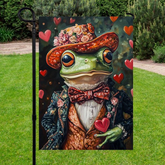 Handsome Pink Floral Valentine Frog Garden Flag Dapper Frog Prince Valentine's Day Outdoor Banner