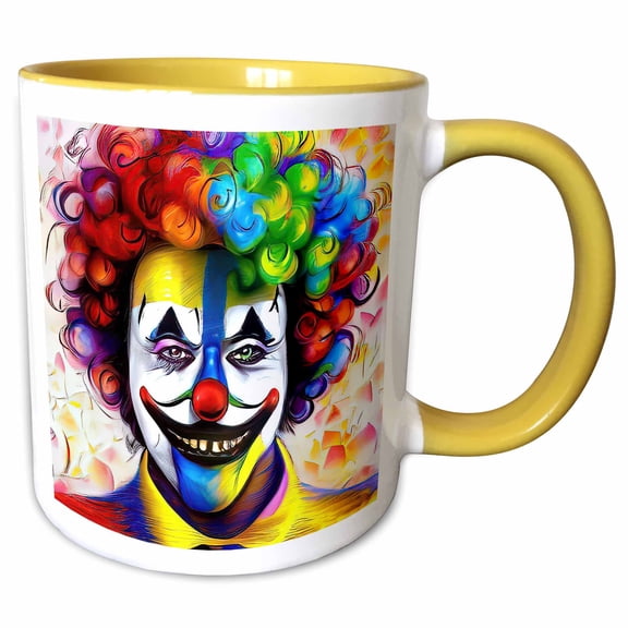 3drose, Handsome Stylish Clown with Red Nose, Painted Face, Colorful Hair, 11oz Two-tone Yellow Mug