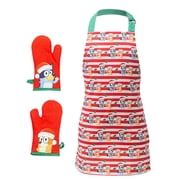 Handstand Kitchen Bluey and Bingo 100% Cotton Hoilday Stripe Print Childs Apron and Oven Mitt Pair Set