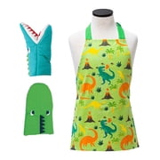 Handstand Kitchen Childs 100% Cotton Bold Print Apron and Oven Mitt Pair - Dinosaur Party