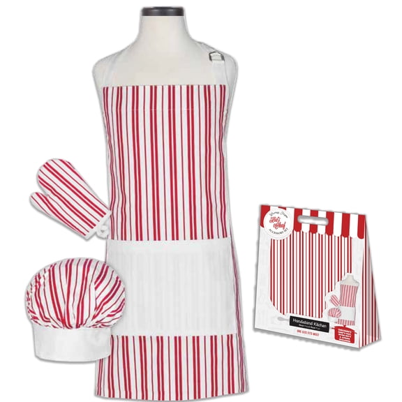 Handstand Kitchen Child's 100% Cotton Bold Print Apron, Mitt and Chef's Hat Set - Classic Red Stripe