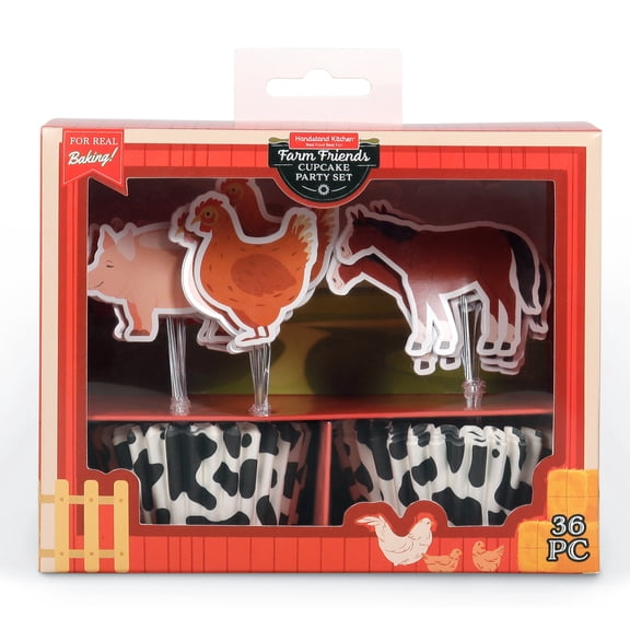 Handstand Kitchen Farm Friends Cupcake Party Decoration Set with Cow Print Cupcake Cups and Farm Animal Toppers