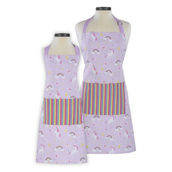 Handstand Kitchen Mother and Daughter 100% Cotton Whimsical Print Apron Set - Rainbows and Unicorns