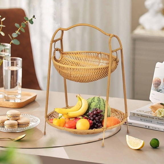 Handwoven 2 Tier Fruit Basket Stand, Multipurpose Snack Storage Tray for Cupcakes, Living Room & Hotel