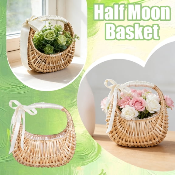 Handwoven Bamboo Basket Bag with Ribbon Handle and Curved Silhouette for Everyday Use and Decorative Display