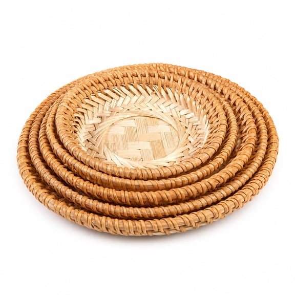 Handwoven Bamboo Basket Set, Round Bamboo Serving Baskets with Rattan Reinforced Rim, Natural Woven Fruit Basket Tray for Bread, Snacks, Candy, Nuts, Tea Table, Kitchen Counter