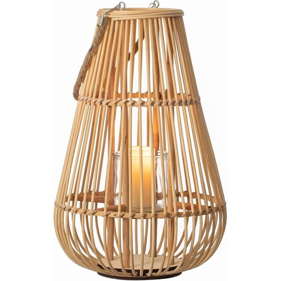 Handwoven Bamboo Lantern Candle Holder with Glass Insert and Rope Handle Farmhouse Design Hanging or Tabletop Lamp for Indoor and Outdoor Home Decor Shelves and Entryway Display