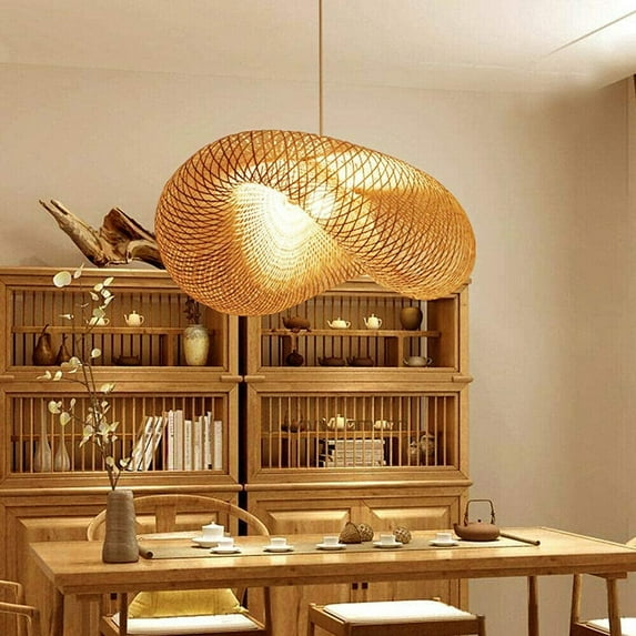 Handwoven Bamboo Pendant Light - Eco-Friendly E27 Chandelier with Hollow Woven Lampshade, Adjustable Hanging Wire, Ideal for Living Room, Bedroom, Dining Room