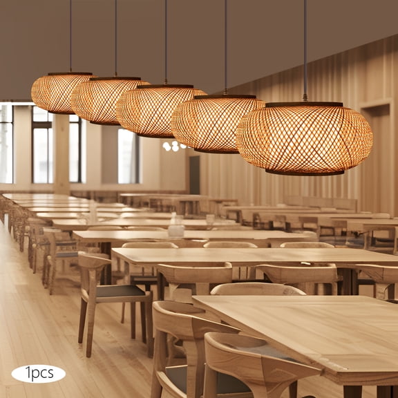 Handwoven Bamboo Rattan Pendant Lamp 40cm Wide With Adjustable Cord, Wide Voltage Hanging Ceiling Light For Dining Room Kitchen Cafe Indoor Home Decor