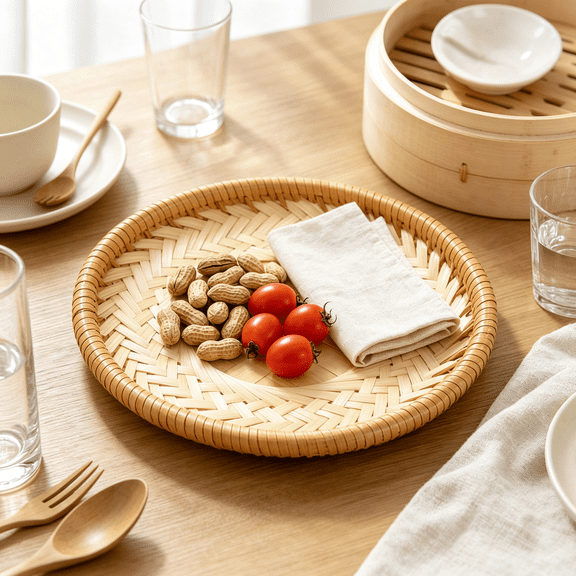 Handwoven Bamboo Serving Tray, Round Shallow Flat Wicker Basket, Handmade Food Storage Tray for Fruit Snacks Bread Kitchen Table Decor