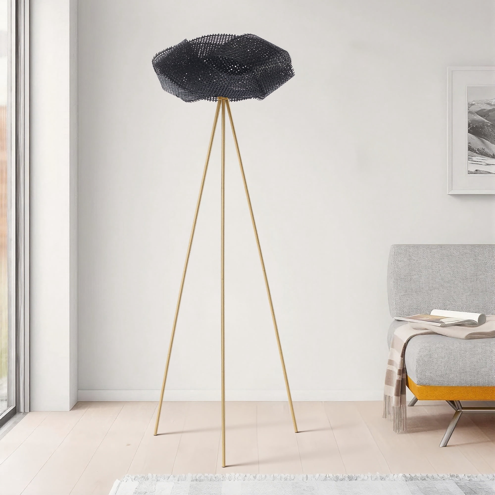 Handwoven Bamboo 64 Tall Tripod Floor Lamp, Boho Lotus-Shaped Woven Floor Lamp with Black Metal Stand,Floor Lamp for Living Room Bedroom Reading,Black