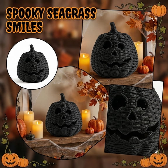Handwoven Black Rattan Jack-o'-Lantern Halloween Pumpkin Ornament, Hollow LED Candle Holder for Tabletop Mantel Front Door Fall Holiday Decor