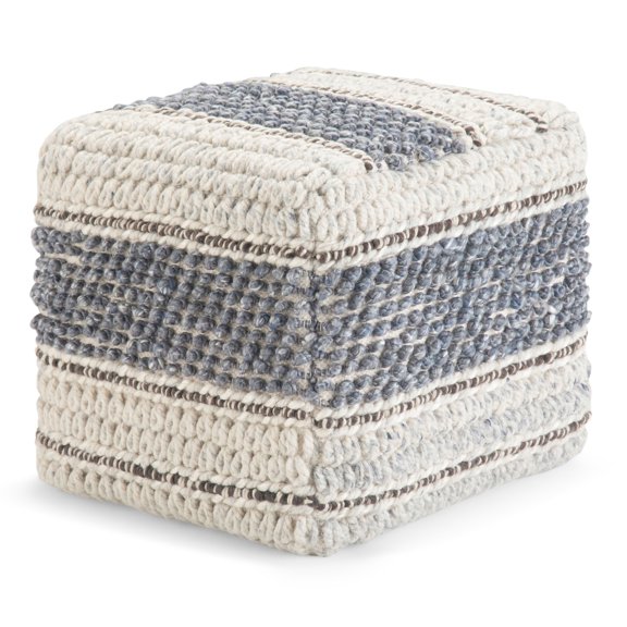 Handwoven Blue & Natural Square Pouf | 18" Footstool & Accent Chair | Living Room, Bedroom, Family Room Seating | Wool & Cotton Fabric | Simpli-Home
