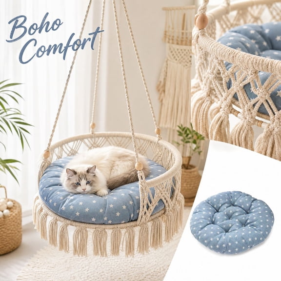 Handwoven Bohemian Pet Swing Bed With Hanging Basket And Mesh Net, Elevated Resting Space For Cats, Woven Indoor Cat Hammock For Relaxing, Lounging And Everyday Pet Comfort