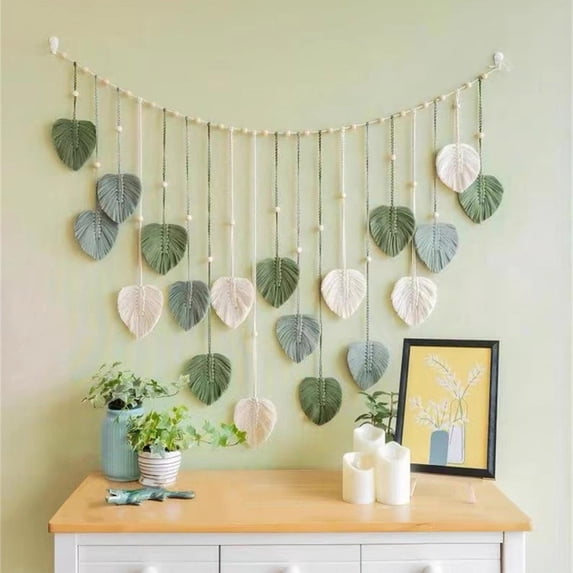 Handwoven Boho Leaf Wall Hanging with Wooden Beads and Layered Tassels, Cotton Macrame Tapestry for Bedroom Living Room Hotel Rustic European Decor