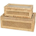thumbnail image 1 of Handwoven Boho Rattan Display Boxes with Glass Lids - Set of 2 Rectangular Decorative Storage Bins - Natural Woven Cane Home Decor Organizers, 1 of 7