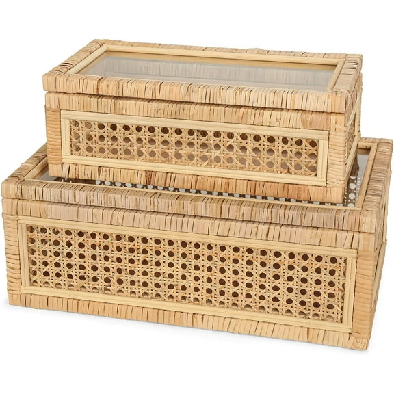 Handwoven Boho Rattan Display Boxes with Glass Lids - Set of 2 Rectangular Decorative Storage Bins - Natural Woven Cane Home Decor Organizers