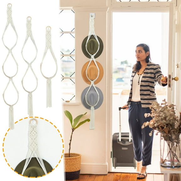 Handwoven Boho Wall Hat Rack, Decorative Cotton Holder with Adhesive Hook for Wide Brim & Cowboy Hats, Non-damaging Sesolution Storage Solution for Living Room, Bedroom, and Entryway