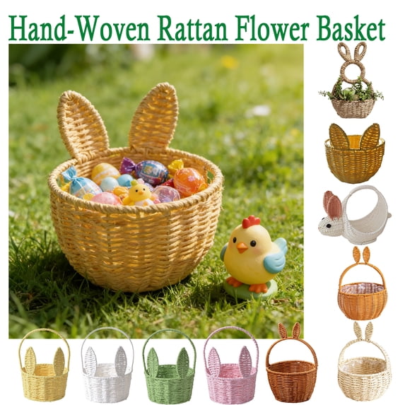 Handwoven Bunny Basket with Handle, Imitation Rattan Woven Rabbit Ear Basket for Floral Arrangements, Fruit Picking and Picnic Use, Decorative Easter Storage Basket for Spring Home, Party, HAODEJW