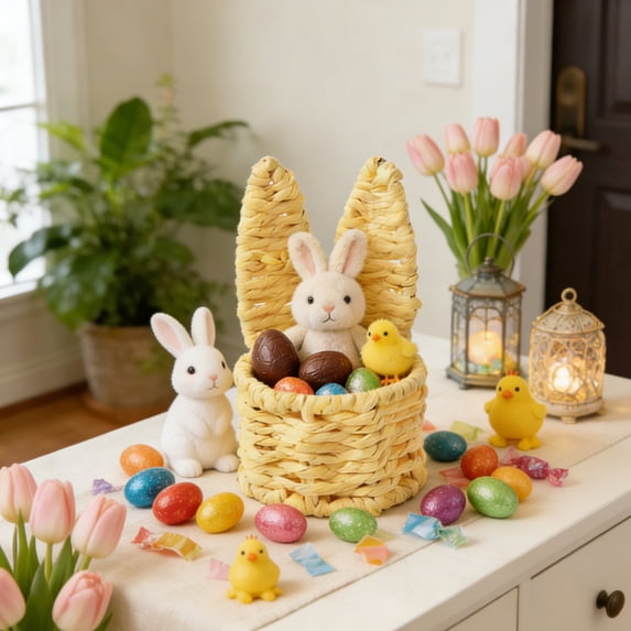 Handwoven Bunny Ear Basket for Easter Egg Display, Small Wicker Mini Basket as Desktop Organizer, Spring Home Decor