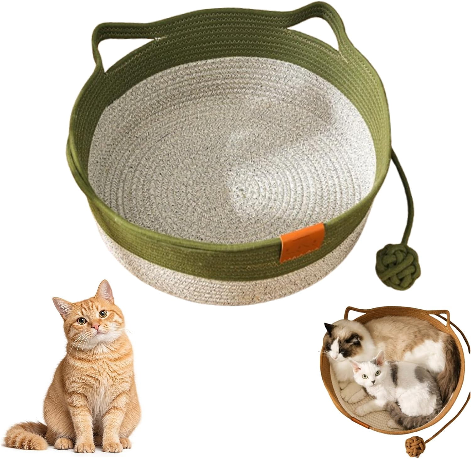 Handwoven Cat Basket Bed with Handles and Toy Ball, Cotton Rope Foldable Sleeping Basket for Indoor Cats, Scratchable Interactive Pet Nest for Cats All-Season, Breathable Weave (Medium,Green)