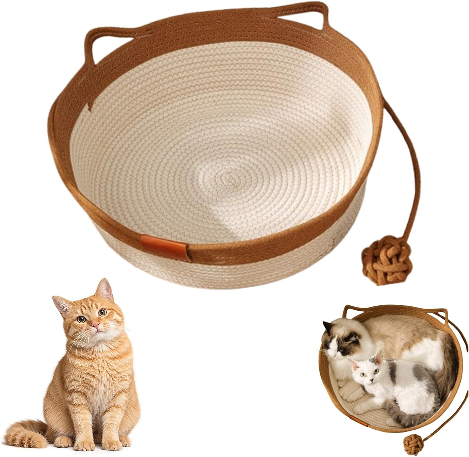 Handwoven Cat Basket Bed with Handles and Toy Ball, Cotton Rope Foldable Sleeping Basket for Indoor Cats, Scratchable Interactive Pet Nest for Cats All-Season, Breathable Weave (Large,Brown)