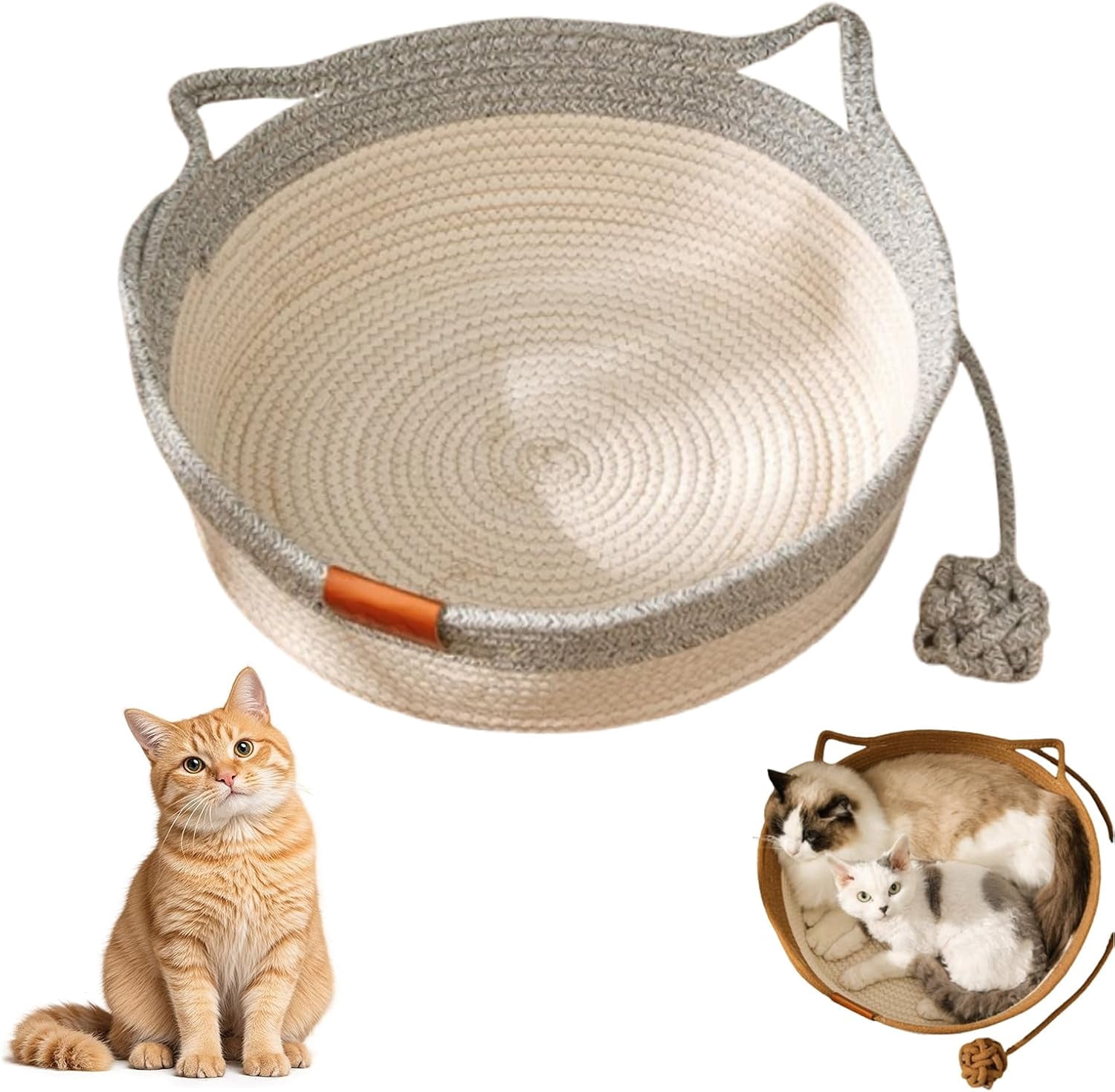 Handwoven Cat Basket Bed with Handles and Toy Ball, Cotton Rope Foldable Sleeping Basket for Indoor Cats, Scratchable Interactive Pet Nest for Cats All-Season, Breathable Weave (Medium,Gray)