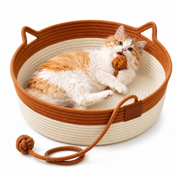 Handwoven Cat Basket Bed with Hanging Ball,Breathable & Foldable Scratchable Hammock with Cat Ear Design,Cotton Rope Nest for Cats & Kittens