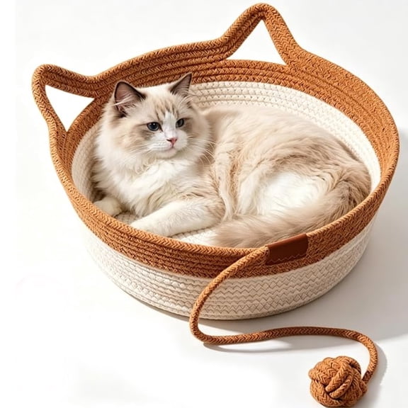 Handwoven Cat Basket Bed with Hanging Ball Toy, Scratchable Cat Lounger Basket for Sleeping, Playing and Relaxing