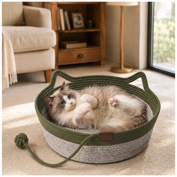 Handwoven Cat Basket Bed with Rope Ball Toy, Foldable Scratchable Cat Hammock with Cat Ear Design, Breathable Pet Bed for Indoor Cats and Kittens