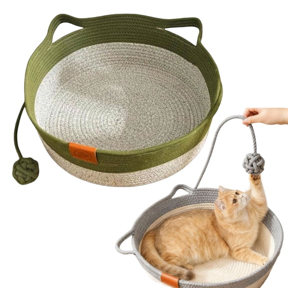 Handwoven Cat Basket, Cotton Rope Woven Cat Bed with Scratching Pad & Play Ball, Round Sleeping Nest for Cats