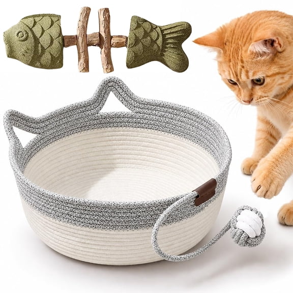 Handwoven Cat Basket, Cotton Rope Woven Round Cat Beds Basket, Foldable, Durable and Easy To Clean for Small & Large Cats & Dog