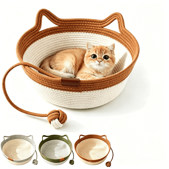 Handwoven Cat Basket,Handwoven Cotton Rope Cat Basket with Rope Toy Ball,Scratch Basket Bed with Cat-Ear Handle Design for Indoor All-Season