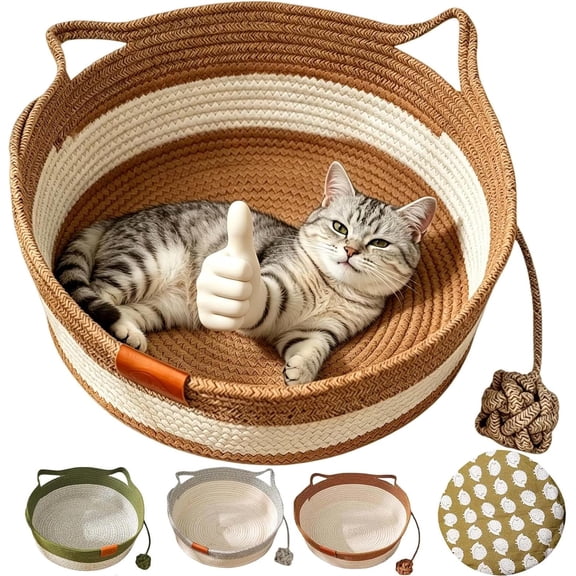Handwoven Cat Basket – Interactive Cotton Rope Cat Bed with Toy Ball, Foldable Scratchable Instinct Basket for Indoor Cats & Kittens, Removable Cushion