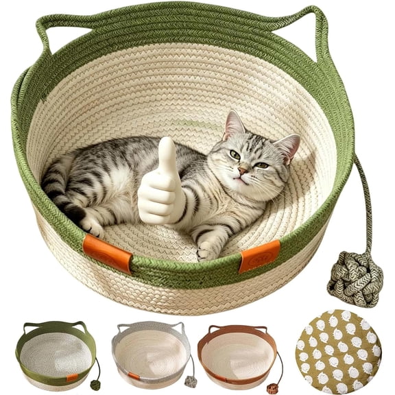 Handwoven Cat Basket – Interactive Cotton Rope Cat Bed with Toy Ball, Foldable Scratchable Instinct Basket for Indoor Cats & Kittens, Removable Cushion