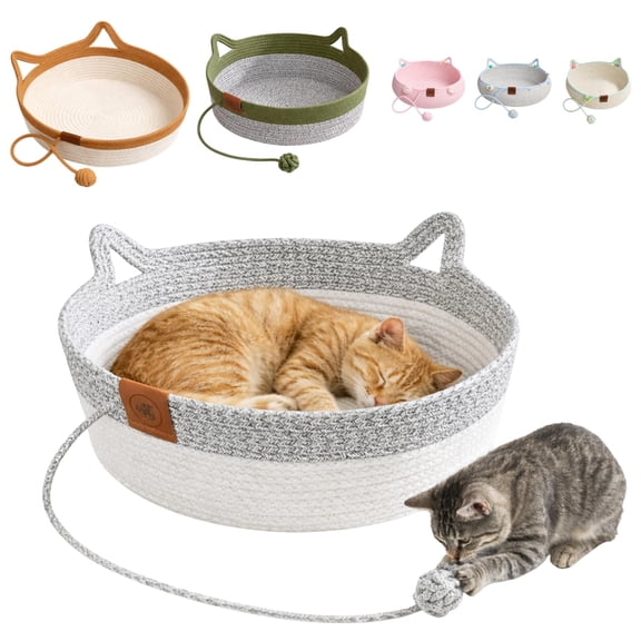 Handwoven Cat Basket Interactive Foldable Cotton Rope Bed with Toy Ball, Scratchable Nest for Cats & Kittens Play & Rest