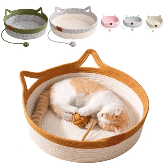 Handwoven Cat Basket Interactive Foldable Cotton Rope Bed with Toy Ball, Scratchable Nest for Cats & Kittens Play & Rest