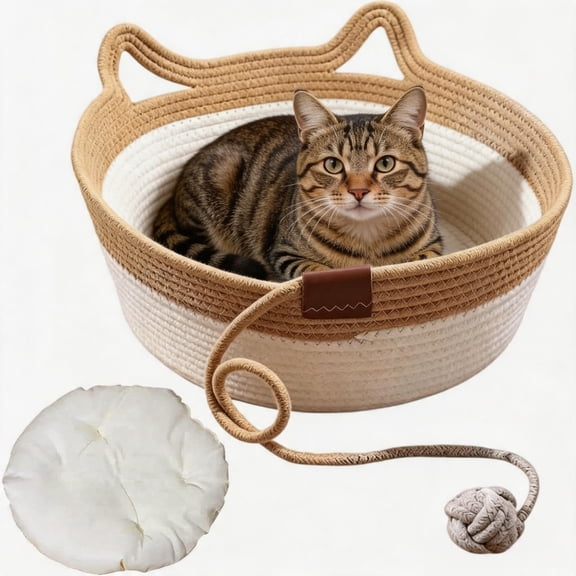 Handwoven Cat Basket, Scratchable Foldable Cat Bed Nest for Playing & Resting