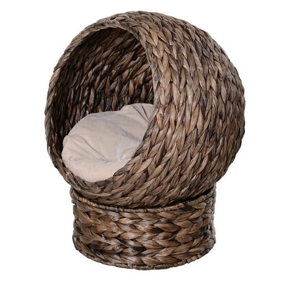 Handwoven Cat Bed Elevated - Grey Wicker Cat Basket with Cushion, 23.5"H - Indoor Kitty House, Cat Egg Chair, Raised Cat Beds