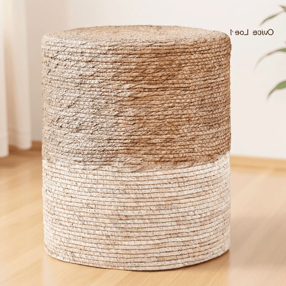 Handwoven Cattail Pouf Ottoman Footrest Stool with Anti-Slip Base, & Blue, 13.78" Dia x 15.75" H