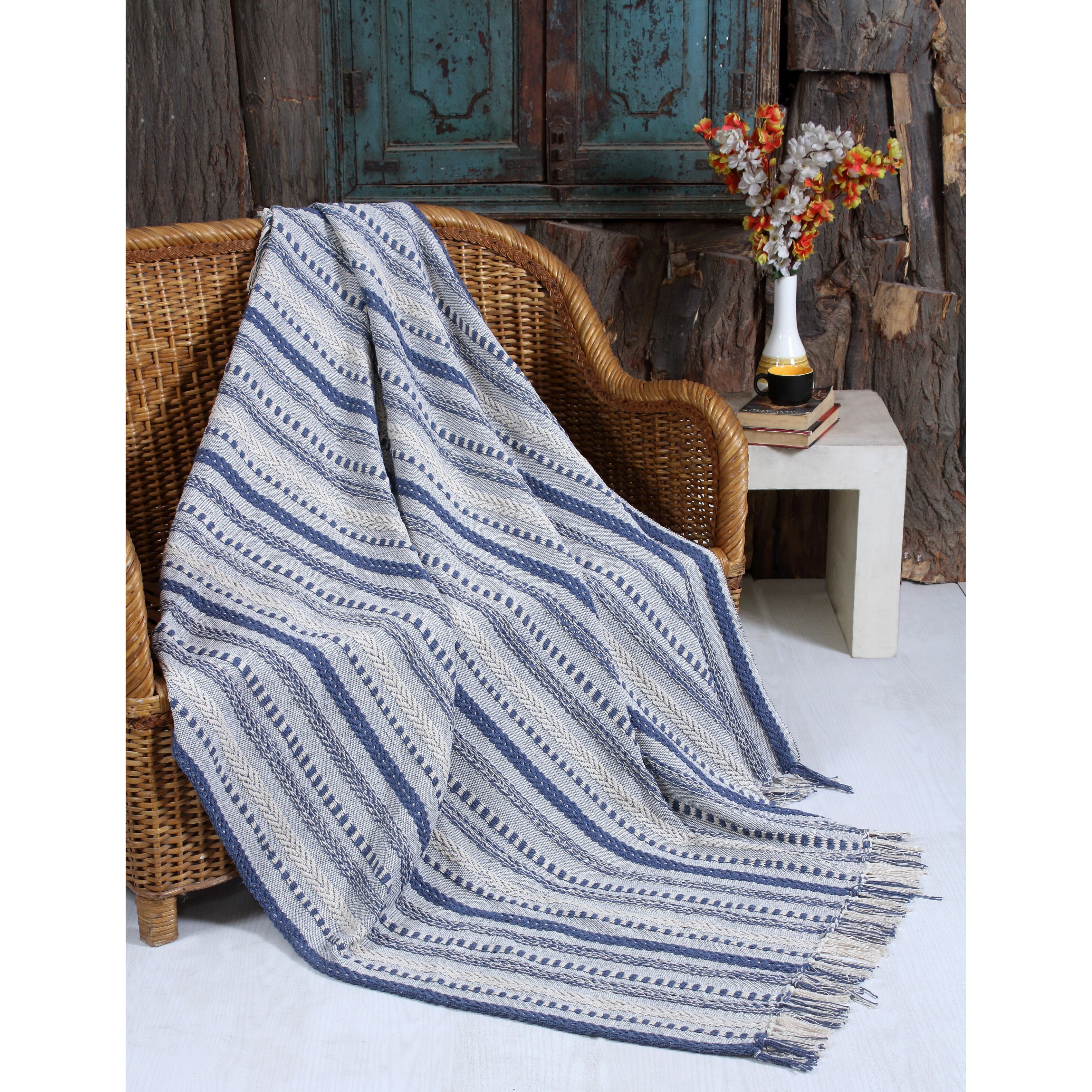 Handwoven Blue and White Cotton Chevron Throw Blanket with Tassels
