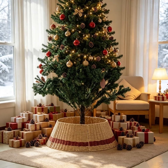 Handwoven Christmas Tree Collar Straw Rattan Tree Skirt Ring Foldable Base Guard Stand Cover Style D