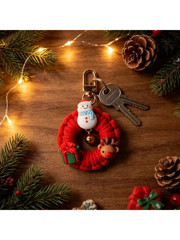 Handwoven Christmas Wreath Keychain, Cute Santa Snowman Reindeer Pendant, Cotton‑Made Holiday Keepsake for Key Ring, Gift Bag & Xmas Tree Ornament