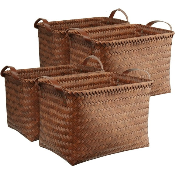 Handwoven Clothes Basket Laundry Hampers Large Wicker Storage Baskets for Shelves Blankets Closet Storage Bins Car Bedroom Bathroom Organizers and Storage Bath (Pack of 4, Brown)