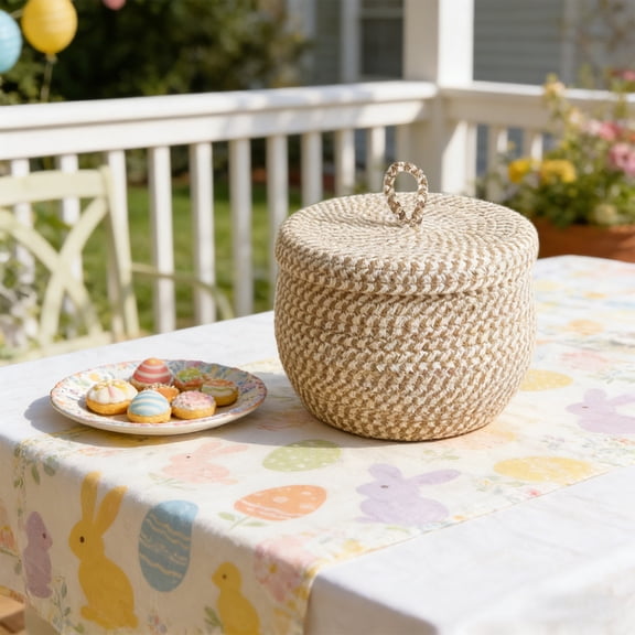 Handwoven Cotton Rope Basket, Round Lidded Storage Bin, Decorative Easter Nesting Basket, Farmhouse Style Organizer for Snacks, Eggs, Home, Counter & Vanity Use, Beige, L