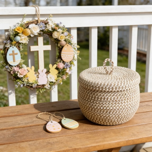 Handwoven Cotton Rope Basket, Round Storage Bin with Lid, Easter Nesting Basket, Farmhouse Decor for Snack Egg Home Organization
