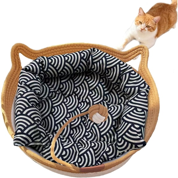 Handwoven Cotton Rope Cat Basket Bed, Boho Style Round Pet Bed with Soft Cushion, Breathable Scratchable Weave for Cats and Kittens, Small