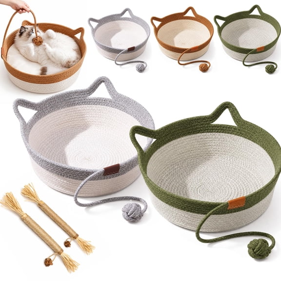 Handwoven Cotton Rope Cat Basket Bed, Round Cat Scratcher Nest for Indoor Cats, Kittens & Small Pets, Breathable Boho Pet Bed